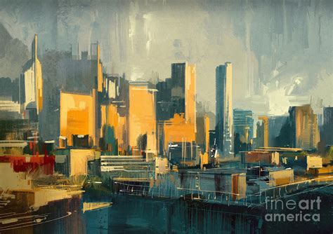 Cityscape Painting Of Urban Skyscrapers Digital Art By Tithi Luadthong