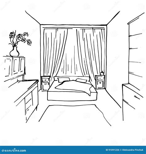 Sketch Ink Hand Drawn Bedroom Interior Stock Vector Illustration Of