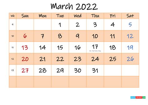 Editable March 2022 Calendar Template K22m483