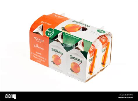 A 6 Pack Of Small Cartons Of Tropicana Orange Juice On White Background