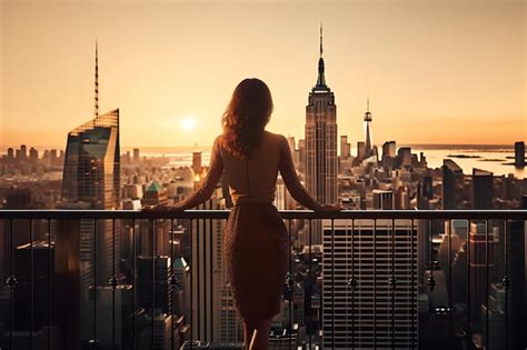 Premium Ai Image Successful Woman Standing On Luxury Balcony Back