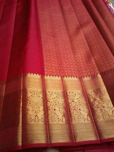 cotton silk golden color mixed red color kanchipuram pattu saree with blouse piece set at best