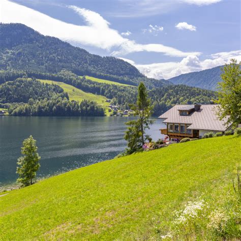 View Of Grundlsee Village On The Shore Of Lake Grundlsee Styria