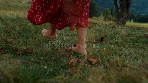 Bare Woman Feet Walking On Green Grass Close Up Unknown Girl Stepping