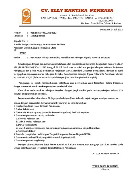 Contoh surat penawaran harga barang/produk berikut ini juga ada yang menamakan sebagai surat perkenalan perusahaan. Contoh Surat Penawaran Harga Sewa Alat Berat - Kumpulan ...