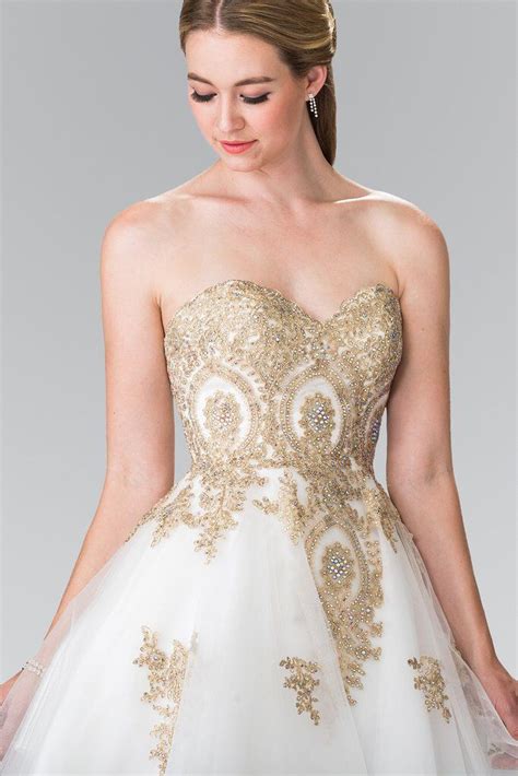 Short Strapless Dress With Gold Lace Applique By Elizabeth K Gs2371