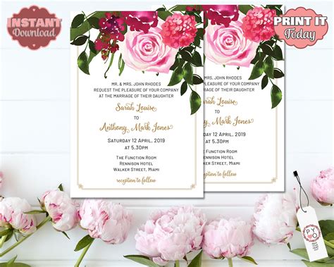 Pink Floral Wedding Invitation Rose Invitation Reception Invitation