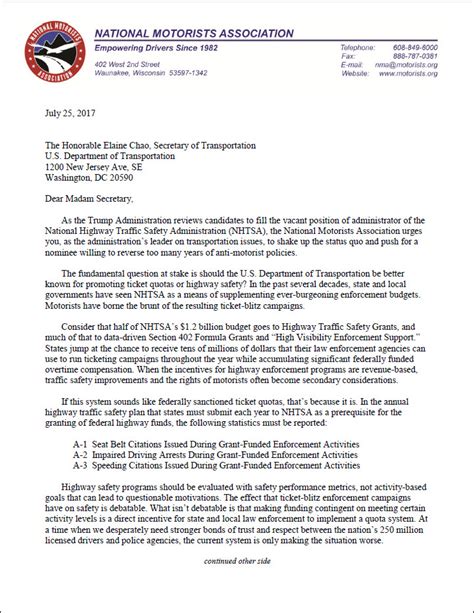 Free secretary cover letter templates. NMA July 2017 Letter to Transportation Secretary Elaine ...