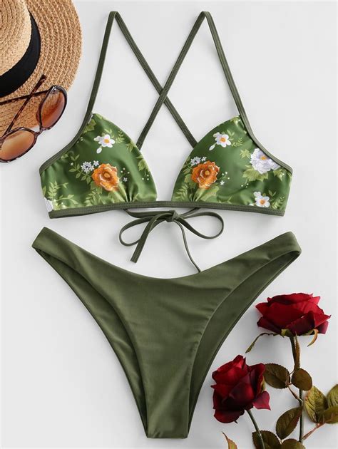 ZAFUL Floral Crisscross High Leg Bikini Swimsuit HAZEL GREEN