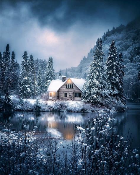Winter Cold Nature Trees Lake Frozen Cabin House Mountain