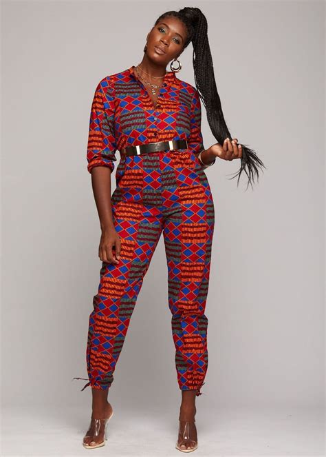 Eniola African Print Button Up Jumpsuit Blue Red Kente African