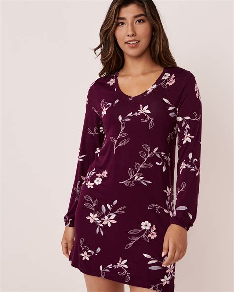 Soft Knit Long Sleeve Sleepshirt Floral Burgundy La Vie En Rose