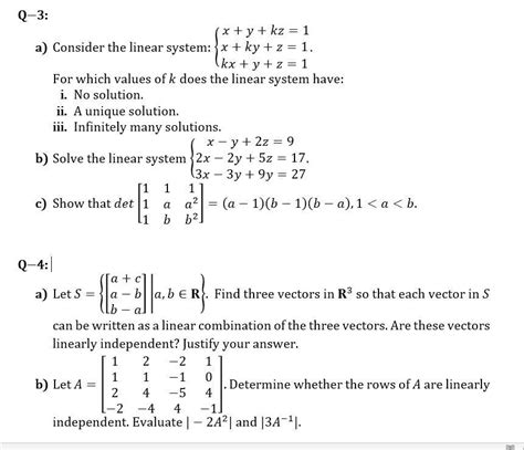 solved q 3 x y kz 1 a consider the linear system x