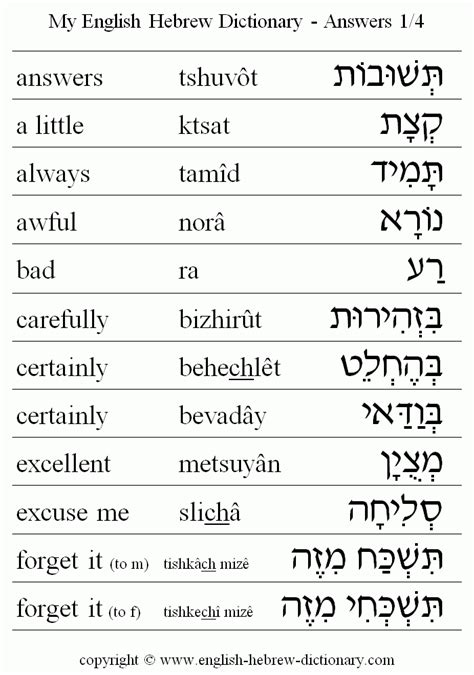 English To Hebrew Answers Vocabulary Vocabulary A Little Always Awful Bad Carefully