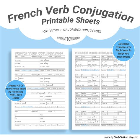 French Language Verb Conjugation Practice Worksheets Printable La