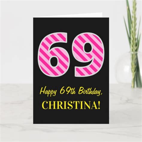 Fun Pink Striped 69 Happy 69th Birthday Name Card