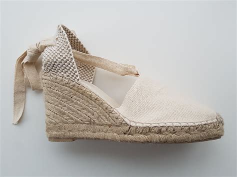 Lace Up Espadrille Shoes High Heel Wedges Visible Seam Ivory