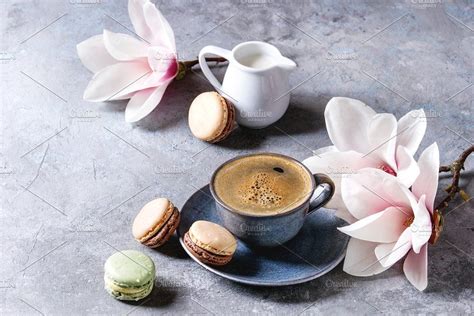 Coffee With Spring Flowers Coffee French Dessert Spring Flowers