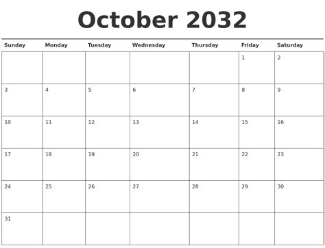 October 2032 Calendar Printable