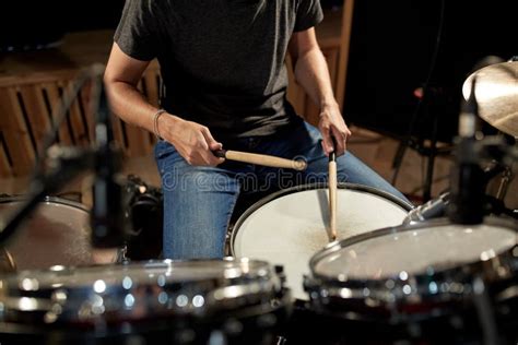 Man Playing Drums At Concert Or Music Studio Stock Image Image Of