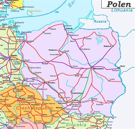 Im nordwesten befindet sich die von der pommerschen bis zur danziger bucht am weichseldelta reichende ostseeküste, die durch zahlreiche nehrungen, binnengewässer und dünen gekennzeichnet ist. Schienennetz karte von Polen