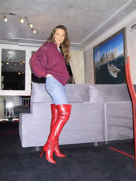 Amateur Modeling Red Thigh Boots And Jeans In Living Room Leather Thigh High Boots High Heel
