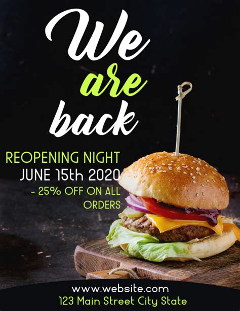 We Are Back Reopening Burger Restaurant Flyer Template Postermywall