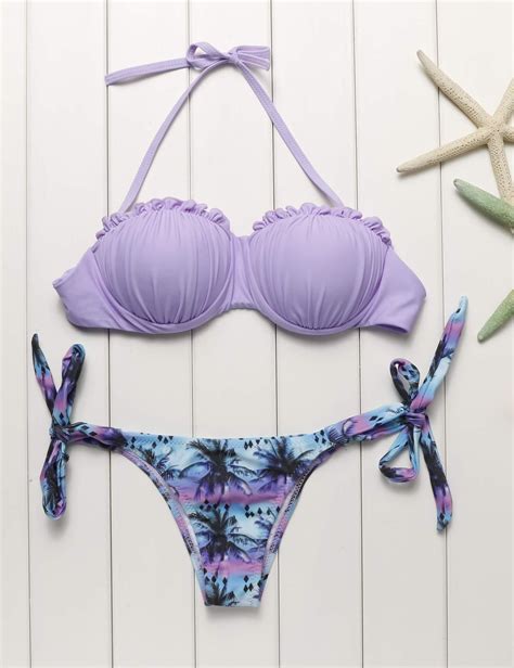 Purple Halter Frill Push Swimwear Bikinis Swimwear Bikini Set