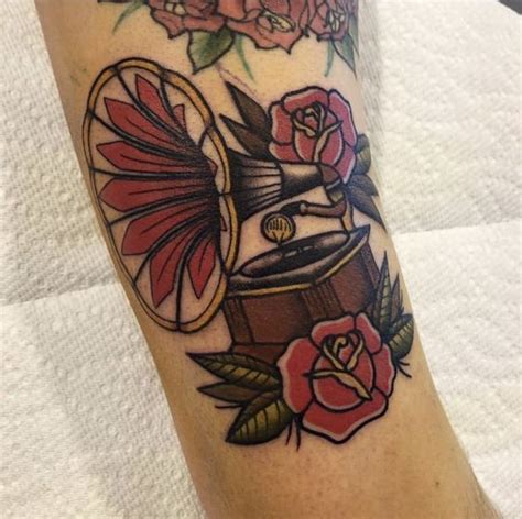 Gramophone Traditional Style Tattoo In Colour Mattbaxtertattoos