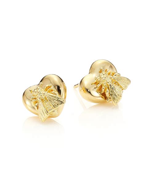 Gucci 18k Yellow Gold Bee Heart Stud Earrings In Metallic Lyst