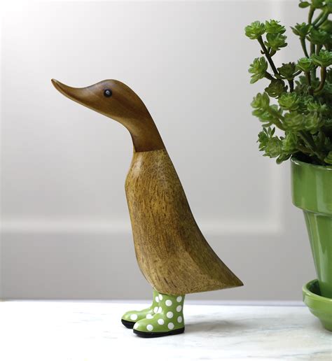Wooden Duck With Green Welly Boots Duck In Polka Dot Rain Boots