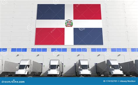 trucks at warehouse loading bay with flag of the dominican republic logistics related