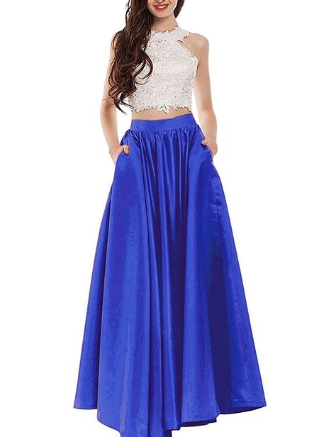Womens 2018 Two Pieces Prom Dresses Satin Long Prom Dresses With