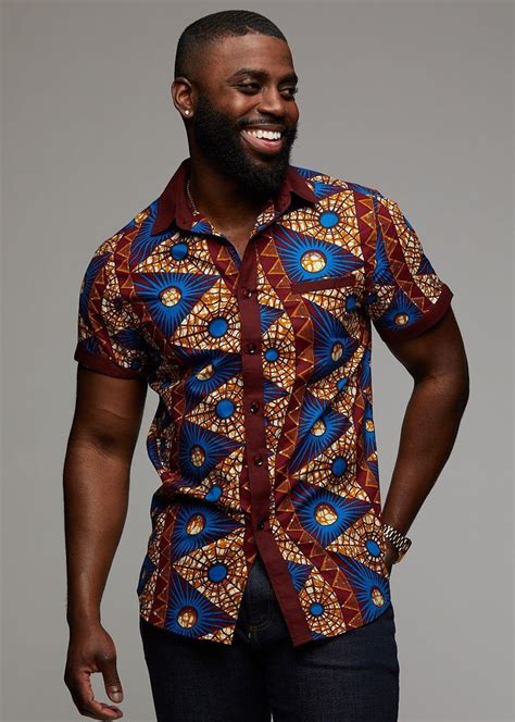 Chidi Mens African Print Button Up Shirt Blue Pyramids Diyanu