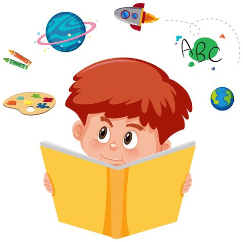 Young Boy Reading A Book With Imagination 614400 Vector Art At Vecteezy