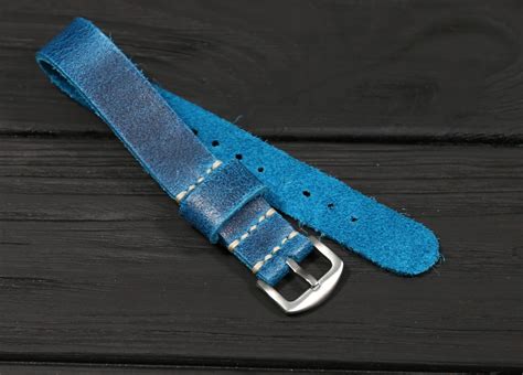 Blue Leather Watch Strap Single Pass Custom Distressed Nato Band 18mm