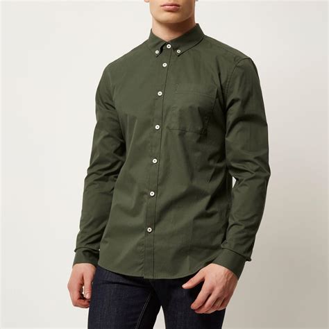 Lyst River Island Olive Green Twill Button Down Shirt In Green For Men