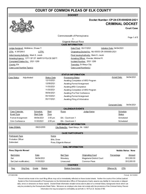 Fillable Online Court Of Common Pleas Of Elk County Criminal Docket Fax
