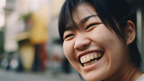 รูปพื้นหลังผู้หญิงหัวเราะนอกถนน พื้นหลัง ผู้หญิงเอเชียที่มีรอยยิ้มแลบลิ้นออกมา อาย ล้อเล่น