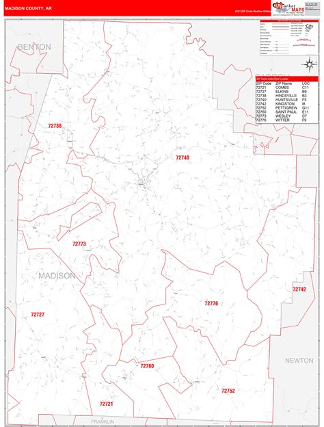 Madison County Ar Zip Code Wall Map Red Line Style By