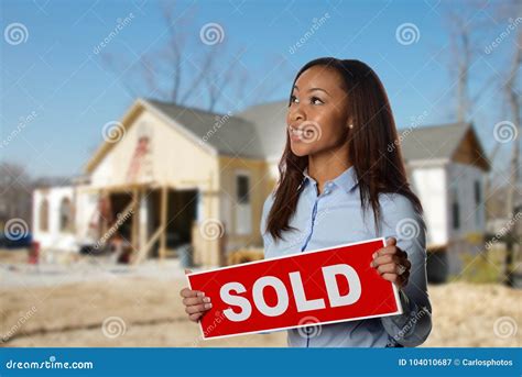 Real Estate Agent Holding A Sold Sign Stock Image Image Of Woman