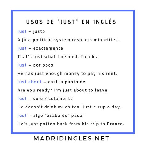 Qué significan y cómo usarlos. usos de just en inglés infografía | Vocabulario en ingles ...