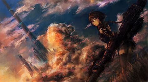 Brunettes Clouds Cityscapes Cyborgs Weapons Fantasy Art Red