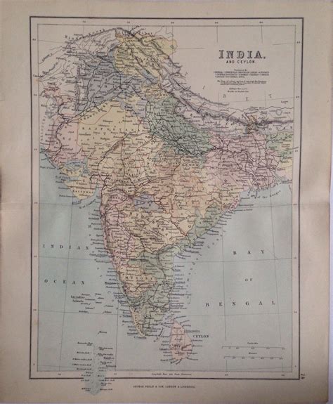 1887 India And Ceylon Map Antique Original Colour Historical Vintage