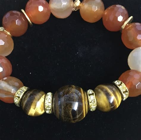 Carnelian Beaded Bracelet With Tiger Eye Beads And Crystal Etsy
