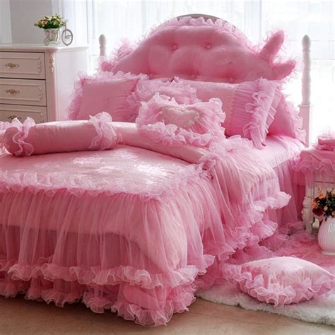 Elegant Girls Pink Ruffle Fluffy Lace Design Luxury Princess Style Twin Full Queen Size