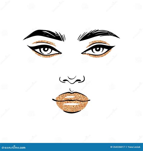 Woman Gold Glitter Makeup Illustration Fashion Girl Face Portrait Stock Vector Illustration