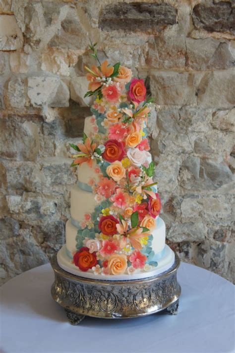 5 Tier Coral Sugar Flowers Wedding Cake
