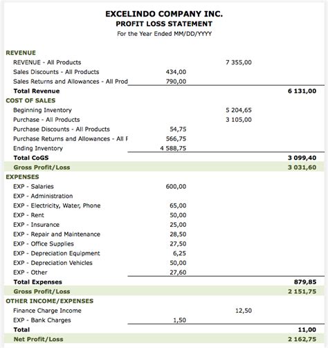 Profit and Loss Statement » The Spreadsheet Page