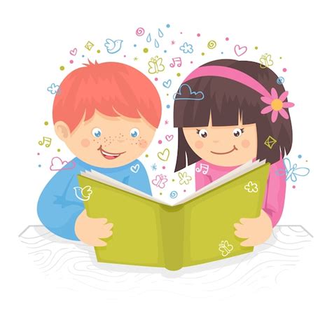 Niño Y Niña De Los Niños Leyendo El Libro En La Ilustración Del Vector